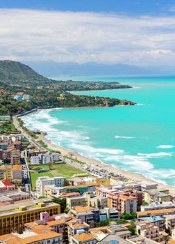 Aerial view of town Cefalu from above, Sicily, Italy