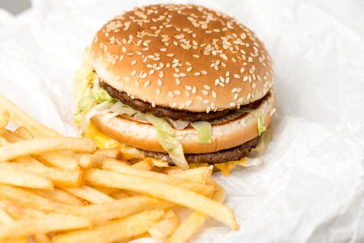 Double burger with french fries on white paper