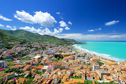 Aerial view of town Cefalu from above, Sicily, Italy