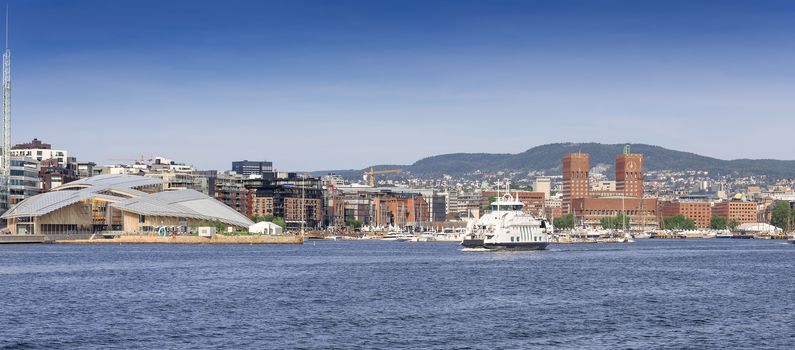 Panoramic picture of Oslo fjord with view on City Hall, Aker Brygge and Astrup Fearnley Museum of Modern Art