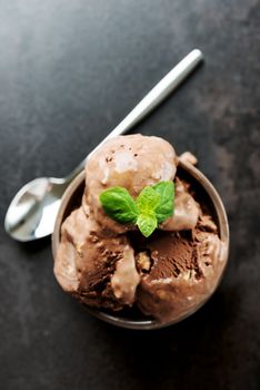 Chocolate ice cream with mint leaves in bowl