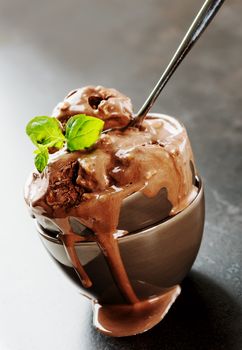 Chocolate ice cream with mint leaves in bowl