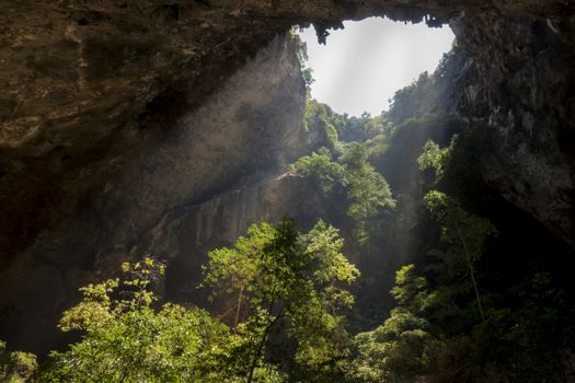 Sunlight through a cave hole in Thailand