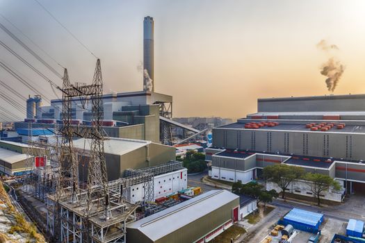 Hong Kong power station at sunset , Glow light of petrochemical industry