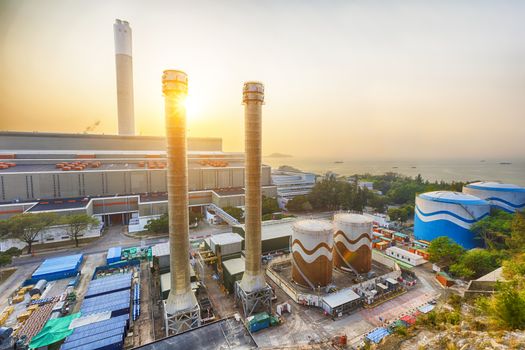 Hong Kong power station at sunset , Glow light of petrochemical industry