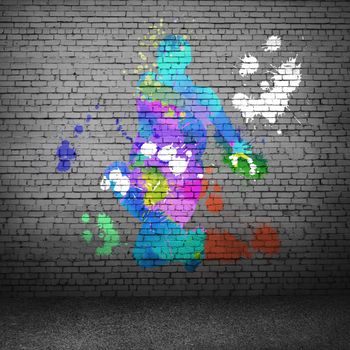 Image with color silhouette of dancer on gray wall