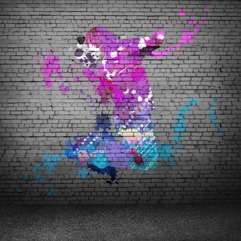 Image with color silhouette of dancer on gray wall