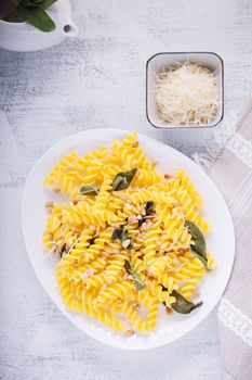 Fusilli pasta with sage and pine nuts. Gluten free. Flour from rice and corn flour