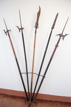 Ancient halberds in the corridor of a museum