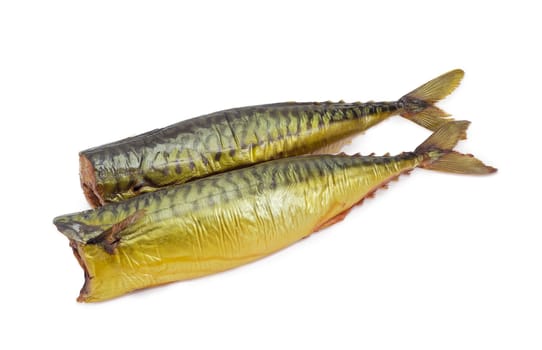 Two whole cold-smoked Atlantic mackerel on a light background
