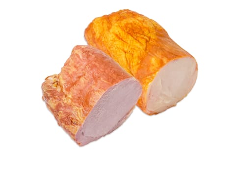 Partly cut smoked cooked ham with pork loin and ham with turkeys on a light background
