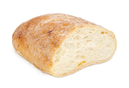 Half a loaf of the freshly baked ciabatta closeup on a light background
