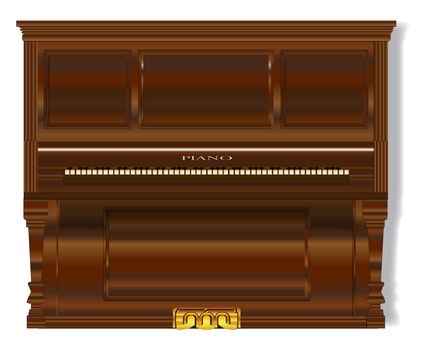 A very old upright standard piano over a white background