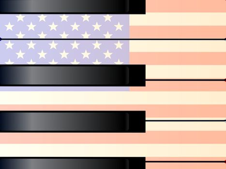 Black and white piano keys with a tint of age and imposed on an Old Glory flag