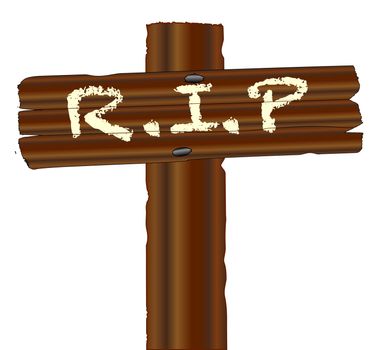 A wooden cross with the words RIP isolated over a white background