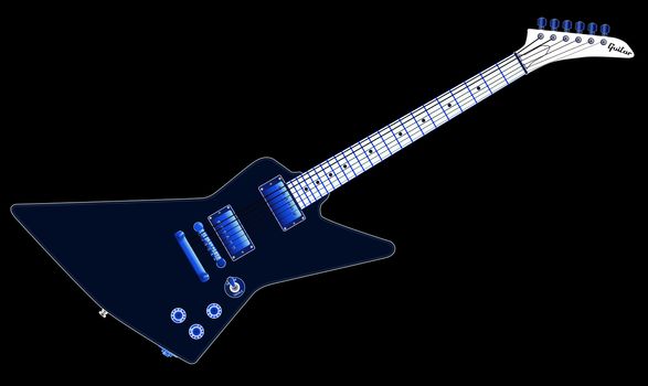 A modern looking electric guitar isolated on a dark background