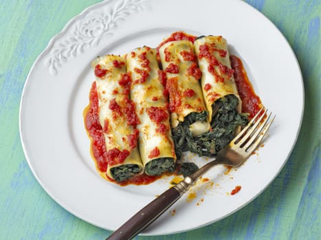close up of rustic italian vegetarian spinach cannelloni pasta