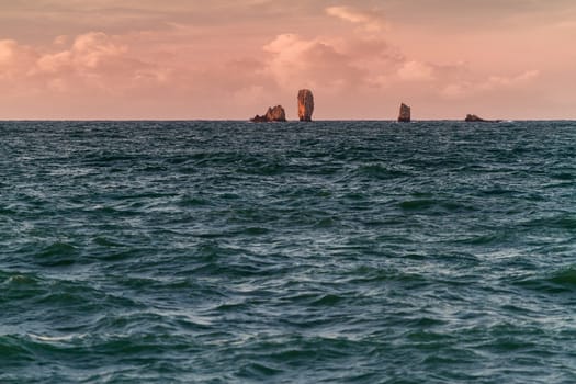 Morning landscape in the Crimea. Rocks like ships in a stormy sea.