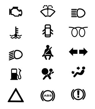 A collection of automobile dash warning light symbols