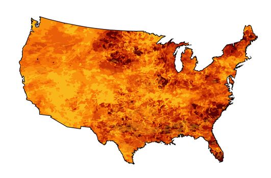 An outline silhouette map of The United States of America flames heat and fire over a white background