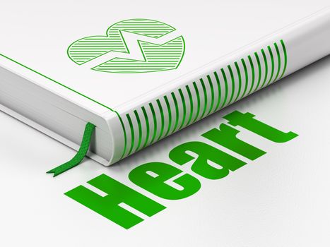 Healthcare concept: closed book with Green Heart icon and text Heart on floor, white background, 3D rendering