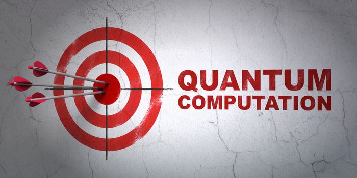 Success Science concept: arrows hitting the center of target, Red Quantum Computation on wall background, 3D rendering