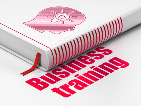 Learning concept: closed book with Red Head With Light Bulb icon and text Business Training on floor, white background, 3D rendering