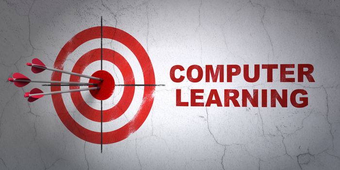 Success Studying concept: arrows hitting the center of target, Red Computer Learning on wall background, 3D rendering