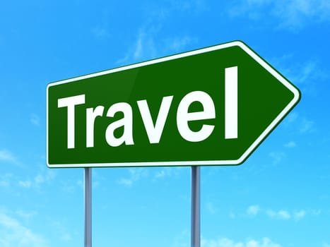 Holiday concept: Travel on green road highway sign, clear blue sky background, 3D rendering