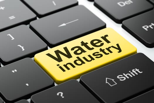 Manufacuring concept: computer keyboard with word Water Industry, selected focus on enter button background, 3D rendering