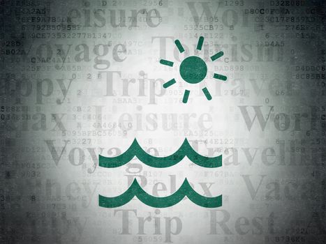 Travel concept: Painted green Beach icon on Digital Data Paper background with  Tag Cloud