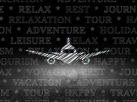 Travel concept: Glowing Aircraft icon in grunge dark room with Dirty Floor, black background with  Tag Cloud