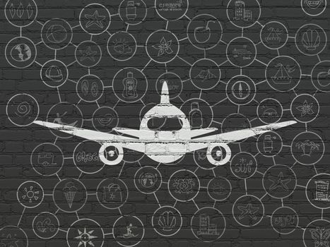 Vacation concept: Painted white Aircraft icon on Black Brick wall background with Scheme Of Hand Drawn Vacation Icons