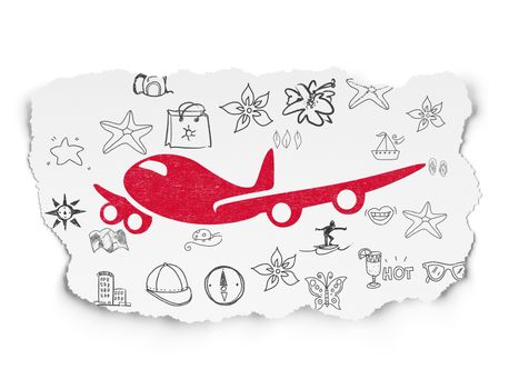 Tourism concept: Painted red Airplane icon on Torn Paper background with  Hand Drawn Vacation Icons