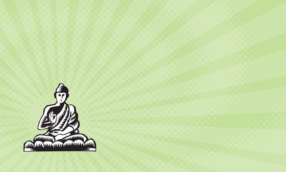 Business card showing Illustration of a Gautama Buddha, Siddhartha Gautama, Shakyamuni Buddha in lotus position viewed from front set on isolated white background done in retro woodcut style. 



