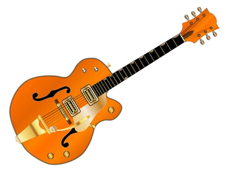 A typical country and western guitar in orange over a white background