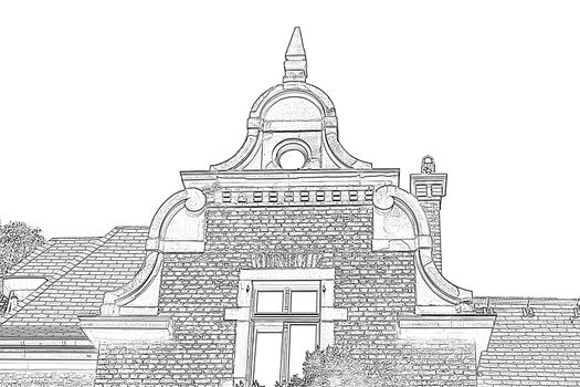 Drawing gable view of an old villa from the start-up period with various historicizing styles.