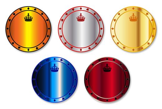 A set of blank casino chips over a white background