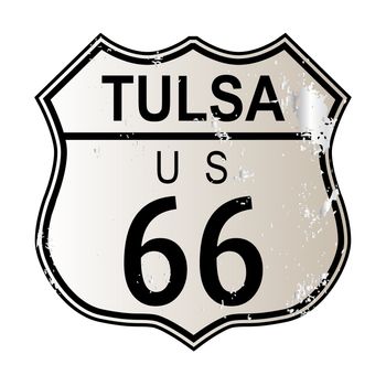 Tulsa Rosa Route 66 traffic sign over a white background and the legend ROUTE US 66