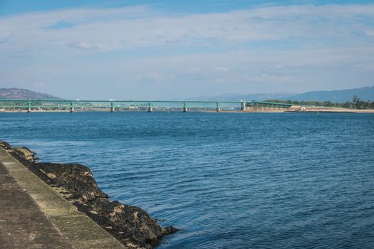 Panorama of the the Eiffel Bridge, designed by Gustave Eiffel and Lima river in Viana do Castelo, Portugal. 