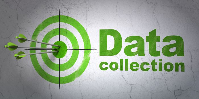 Success Data concept: arrows hitting the center of target, Green Data Collection on wall background, 3D rendering