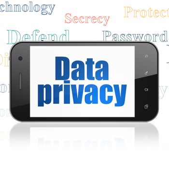 Security concept: Smartphone with  blue text Data Privacy on display,  Tag Cloud background, 3D rendering