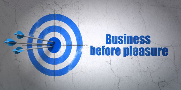 Success finance concept: arrows hitting the center of target, Blue Business Before pleasure on wall background, 3D rendering