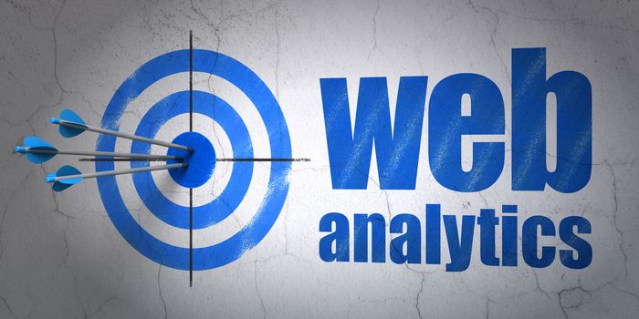 Success web development concept: arrows hitting the center of target, Blue Web Analytics on wall background, 3D rendering