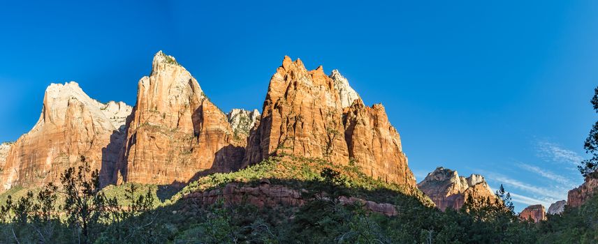 The Patriarchs are three neighboring sandstone peaks on the west side of Zion Canyon. Each is named after biblical fathers. From left to right (south to north) they are Abraham Peak, Isaac Peak, and Jacob Peak. Abraham Peak is the tallest at 6,890 feet.