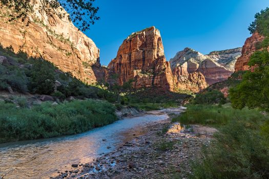 The Virgin River winds through the floor of Refrigerator Canyon at Zion National Park in Utah