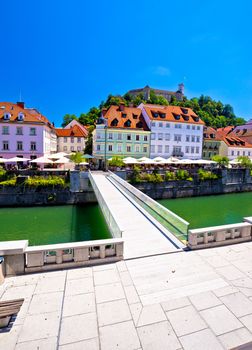 Green Ljubljana riverfront and architecture view, capital of Slovenia