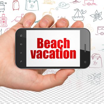 Vacation concept: Hand Holding Smartphone with  red text Beach Vacation on display,  Hand Drawn Vacation Icons background, 3D rendering