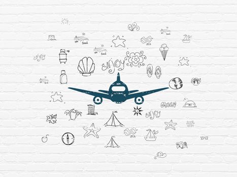 Tourism concept: Painted blue Aircraft icon on White Brick wall background with  Hand Drawn Vacation Icons