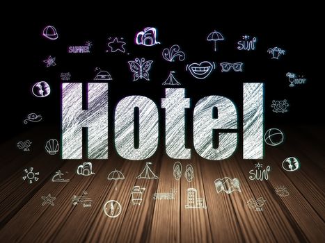 Tourism concept: Glowing text Hotel,  Hand Drawn Vacation Icons in grunge dark room with Wooden Floor, black background